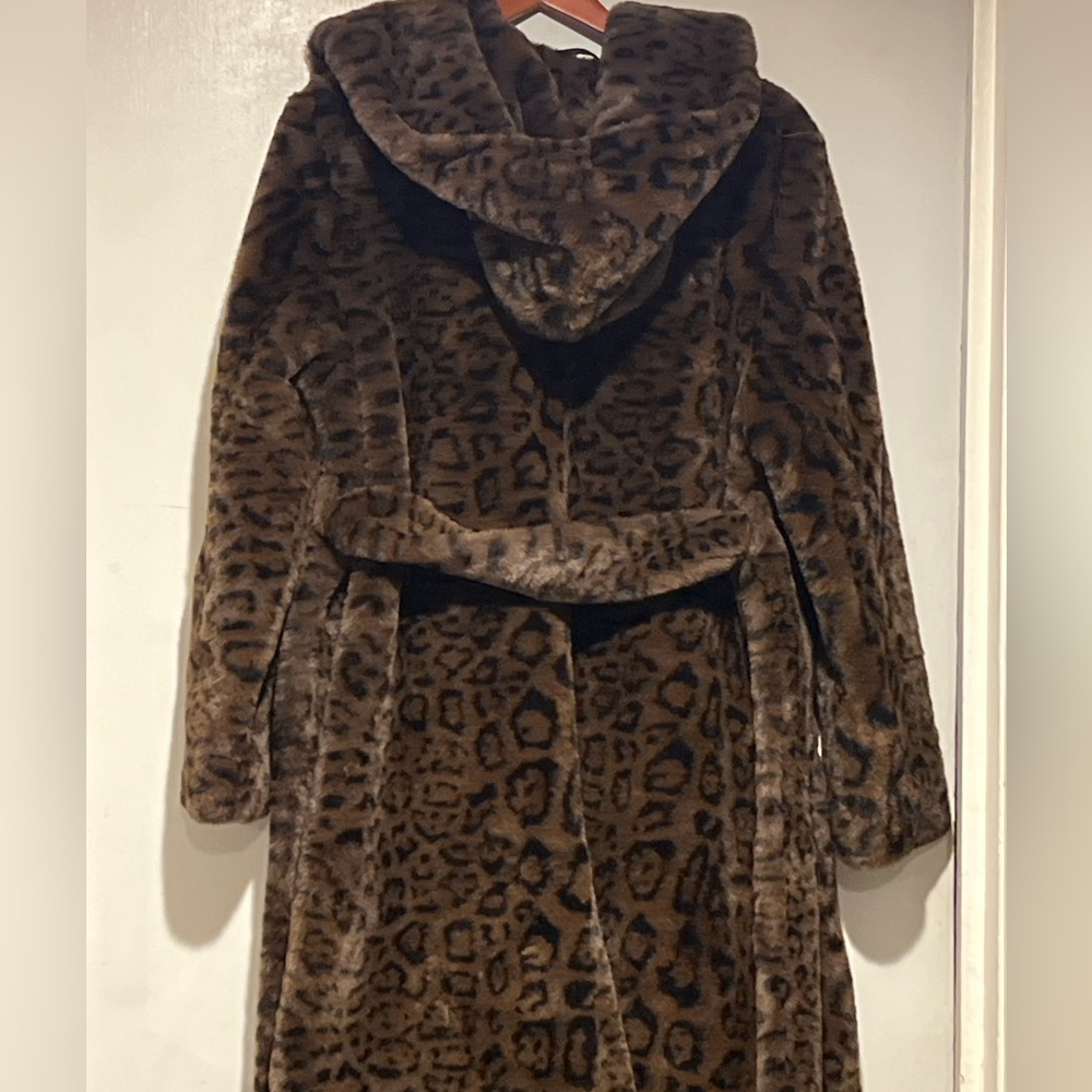 Rebecca Minkoff hooded Leopard Print Faux Fur Coat size L - Picture 2 of 3